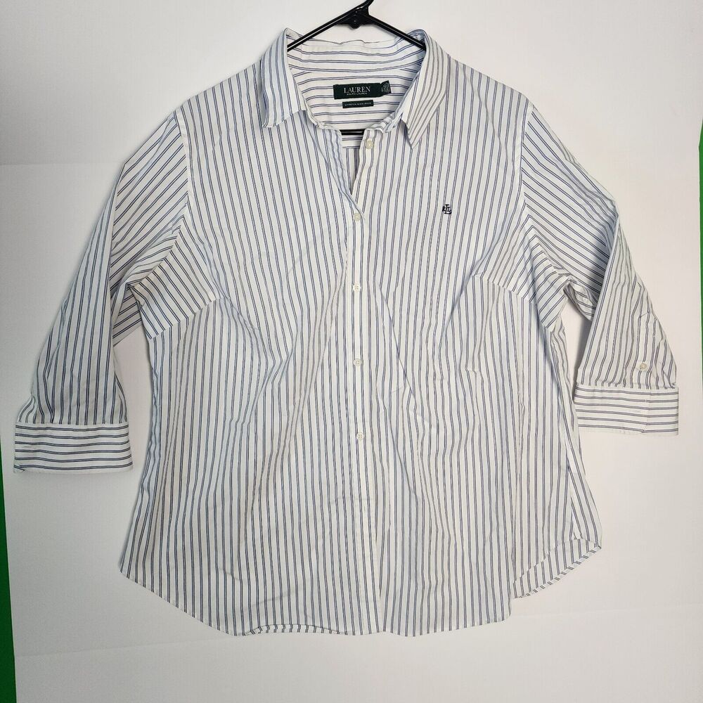Lauren Ralph Lauren Button-Down 3/4 Slve Women's Size 2X White Blk Blue Striped